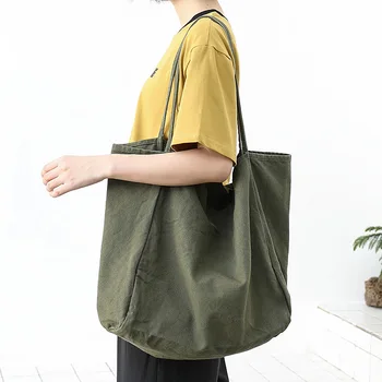 Kore Vintage Rahat büyük kapasiteli Tuval Kadın çantası Retro eski çanta basit Edebi omuz alışveriş çantası Görüntü 2