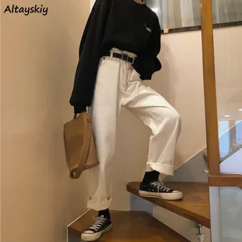 Kot Kadın Tam Boy Yüksek Bel Bahar Sonbahar Harajuku Öğrenciler Şık Kore Tarzı Moda Geniş Bacak Gevşek Katı Yüksek Kalite Yeni