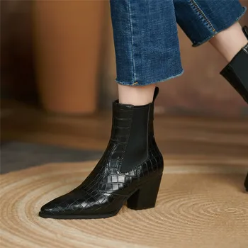 Kovboy yarım çizmeler Kadınlar için Lüks İnek Bölünmüş Hakiki Deri Blok Yüksek Topuk Elastik Bant Kısa Patik Goth Kahverengi siyah ayakkabı Görüntü 2