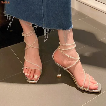 Kristal Sarma Stiletto Topuk Sandalet Bir Kelime Kemer Çapraz Bağlı Kare Burunlu Ayakkabı Kadın Yaz Rahat Sandalet Büyük Boy 40