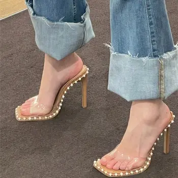 Kristal Trim Kare Ayak PVC Slaytlar Terlik Stiletto Yüksek Topuk Çıplak Katı Rahat Seksi Kadın Ayakkabı Yaz Moda Yeni Gelenler