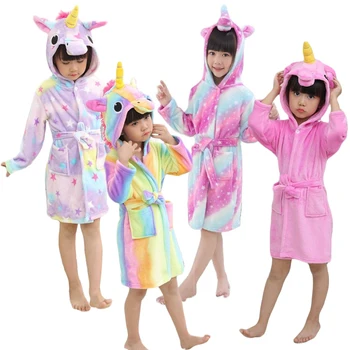 Kızlar Pijama Gecelik Unicorn Karikatürler Kapşonlu Çocuk Bornoz Bebek Gökkuşağı bornoz Hayvan Erkek Çocuklar İçin Pijama 5-10Y