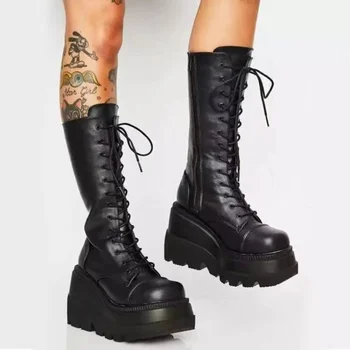Kış Çizmeler Kadın Platform Ayakkabılar Patik Yağmur Savaş Askeri Kısa Deri Siyah Yeni Kaya Punk Goth Lolita Gümrükleme Sunuyor Görüntü 2