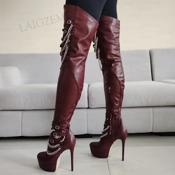 LAIGZEM Kadın Uyluk Yüksek Platformu Çizmeler Metal Zincirler Ince Yüksek Topuklu Çizmeler Diz Üzerinde Yan Zip Ayakkabı Kadın Artı Boyutu 42 45 50 52 Görüntü 2