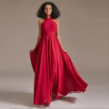 Lover Öpücük Kırmızı Halter Boyun gelinlik modelleri Kadınlar İçin Pilili Şifon Backless Uzun A-line Kadınlar Parti Balo elbisesi İçi Boş