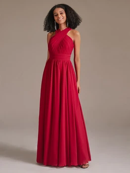 Lover Öpücük Kırmızı Halter Boyun gelinlik modelleri Kadınlar İçin Pilili Şifon Backless Uzun A-line Kadınlar Parti Balo elbisesi İçi Boş Görüntü 2