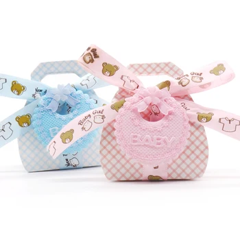 Lüks 12 adet Yaratıcı Bebek Önlüğü Şeker şeritli kutular Ekose Mavi Pembe Tatlı Kullanışlı Çanta İlk Doğum Günü Bebek Duş Parti Malzemeleri