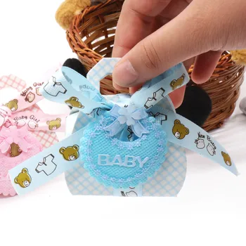 Lüks 12 adet Yaratıcı Bebek Önlüğü Şeker şeritli kutular Ekose Mavi Pembe Tatlı Kullanışlı Çanta İlk Doğum Günü Bebek Duş Parti Malzemeleri Görüntü 2