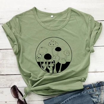 Mantar %100 % pamuklu tişört Estetik Botanik Doğa Tshirt Retro Kadın Kısa Kollu Grafik Sanat Üst Tee Gömlek