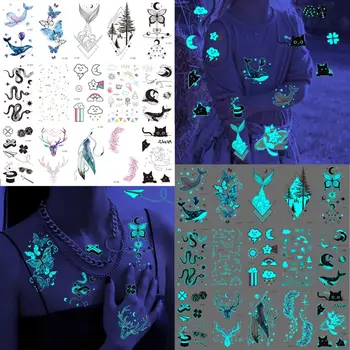Mavi Glow Karanlık Yıldız Ay Geçici Dövmeler Kızlar İçin Aydınlık Yılan Tüyü Kedi Sahte Dövme Etiket Gençler Kol Orman Dövmeler