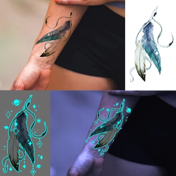 Mavi Glow Karanlık Yıldız Ay Geçici Dövmeler Kızlar İçin Aydınlık Yılan Tüyü Kedi Sahte Dövme Etiket Gençler Kol Orman Dövmeler Görüntü 2