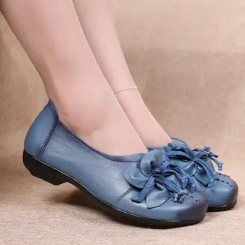 Mavi Çiçek zarif Ayakkabı kadın Hakiki deri makosenler Kadın Şık Bale Daireler Bayanlar Mor makosen ayakkabı Büyük Boy 42 Görüntü 2
