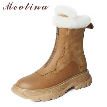 Meotina Doğal Hakiki Deri Platformu Flats kısa çizmeler Kadın Fermuar Flats yarım çizmeler Ayakkabı Sıcak Kürk Kar Botları Kahverengi Kış