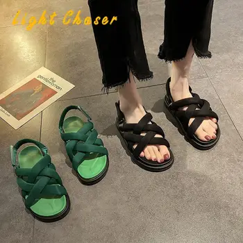 Moda kadın Sandalet Yumuşak Taban Yaz 2021 Yeni Öğrenci Dokuma platform sandaletler Roma Ayakkabı Burnu açık Rahat Düz plaj ayakkabısı Görüntü 2