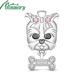 Moonmory 925 Ayar Gümüş Köpek Boncuk Kemik Kolye Fit Marka Bilezik CZ Pembe Kristal Yay DIY Takı Yapımı Için noel hediyesi