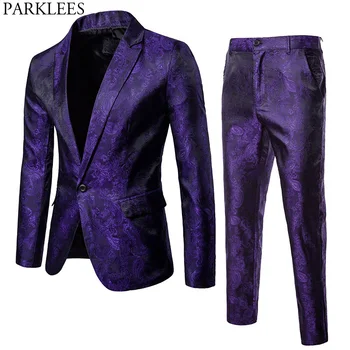 Mor Paisley Çiçek Yaldız Bir Düğme Takım Elbise ( Ceket+Pantolon) erkekler 2018 Sahne Parti Düğün Smokin Blazer Erkekler Terno Masculino 2XL