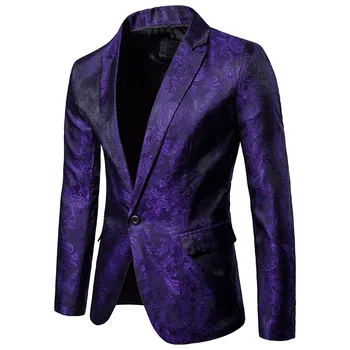 Mor Paisley Çiçek Yaldız Bir Düğme Takım Elbise ( Ceket+Pantolon) erkekler 2018 Sahne Parti Düğün Smokin Blazer Erkekler Terno Masculino 2XL Görüntü 2