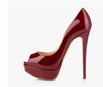 Moraima Snc Şarap Kırmızı Rugan Yüksek Topuk Ayakkabı Kadın Peep Toe Platformu pompaları Süper Yüksek Parti Düğün Topuklu