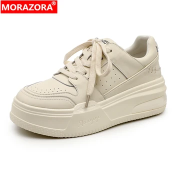 MORAZORA 2023 Yeni Hakiki Deri platform ayakkabılar Kadın Sneakers Lace Up Platformu Flats İlkbahar Yaz Bayanlar rahat ayakkabılar