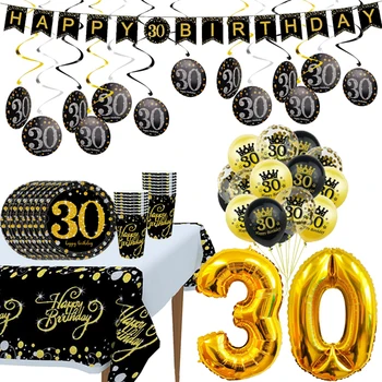 Mutlu 30th Doğum Günü Partisi Süslemeleri Siyah Altın Doğum Günü Afiş Balon Sofra Yetişkin 30th Doğum Günü Partisi Malzemeleri 30 Yıl