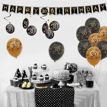 Mutlu 30th Doğum Günü Partisi Süslemeleri Siyah Altın Doğum Günü Afiş Balon Sofra Yetişkin 30th Doğum Günü Partisi Malzemeleri 30 Yıl Görüntü 2