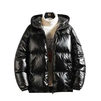 Parlak Kalın kapitone ceket Sonbahar Kış Moda Trendi Sıcaklık Yansıtıcı Kapşonlu erkek Düz Renk Ceket Çift Artı Boyutu Ceket