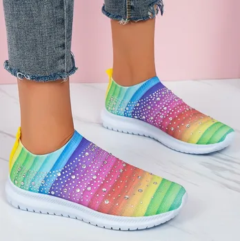 Parlayan Kristal nefes örgü Sneaker Ayakkabı Kadınlar için Rahat Yumuşak Alt Daireler Artı Boyutu 43 Kaymaz Kadın rahat ayakkabılar