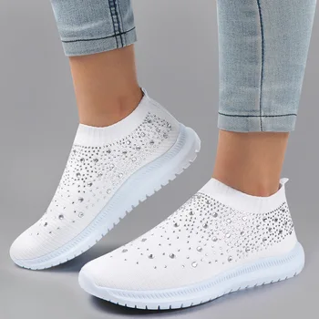 Parlayan Kristal nefes örgü Sneaker Ayakkabı Kadınlar için Rahat Yumuşak Alt Daireler Artı Boyutu 43 Kaymaz Kadın rahat ayakkabılar Görüntü 2