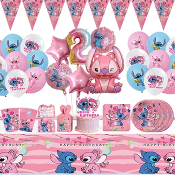 Pembe Lilo ve Stitch Tema Parti Malzemeleri Seti Mutlu Doğum Günü Afiş Kek Topper 3D Balonlar Bebek Duş Çocuk Kız Parti İyilik