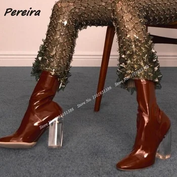 Pereira Kırmızı Patent Deri Şeffaf Topuk Çizmeler Tıknaz Yüksek Topuk Kısa Çizmeler Sivri Burun Ayakkabı Kadınlar ıçin Yüksek Topuklu Zapatillas Mujer