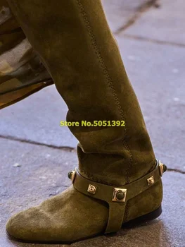 Perçin Süet Diz Yüksek Çizmeler Yuvarlak Ayak Yükseklik Artış Sonbahar Kış Kadın Ayakkabı Üzerinde Kayma Metal Perçin Kayış Şık Çizmeler Görüntü 2