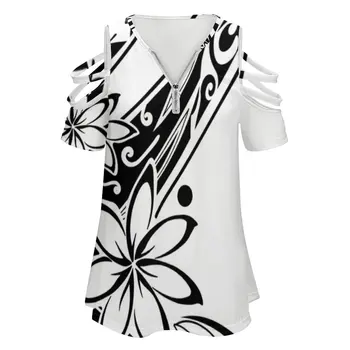 Polinezya Siyah Beyaz Kısa Kol Aşiret Yeni Moda Zip Kapalı Omuz Üst Kadın Hawaii Hawaii Samoalı Gömlek Polinezya Görüntü 2