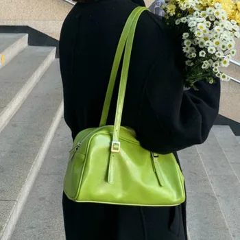 PU Moda Yeşil Deri Kadın Omuz Çantaları Basit Tasarım Katı Renk Bayanlar Tote Çanta Vintage Siyah Kadın Koltukaltı Çanta
