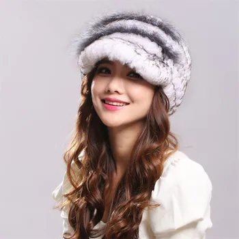 Rahat Gerçek Rex Tavşan Kürk şapka Kış Sıcak Kadınlar 100 % Hakiki Kürk Örme Kap Moda Bayan Güzel Hediye Q9 Görüntü 2
