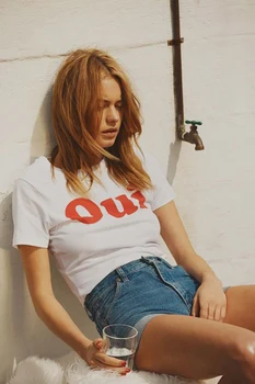 Rahat Gömlek Yaz Kısa Kollu Kız Üstleri Estetik Giyim Kıyafet Oui T-Shirt Fransız Yazı Bayanlar T Shirt Tumblr Tarzı