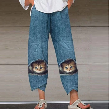 Rahat Kedi Baskı Cep Bloomers Moda Yüksek Sokak Düz Bacak Pantolon Ofis 2021 Sonbahar Yeni Kadın Zarif Bayanlar uzun pantolon