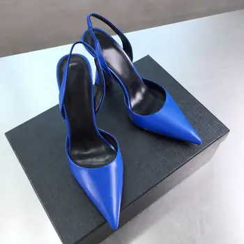 Rahat Tasarımcı Kadın Ayakkabı Mavi Hakiki Deri Çivili Sivri Burun Stiletto Striptizci Yüksek Topuklu Zapatos Mujer Balo Akşam