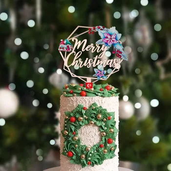 Renkli Baskı Akrilik Merry Christmas Kek Topper Yüksek Kaliteli Noel Kek Topper Aile için Mutlu Yeni Yıl Partisi Kek Dekorasyon