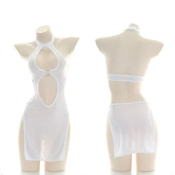 Rol Oynamak Beyaz Halter Sıkı Elbise Üniforma Kostüm Kadınlar Seksi Saydam Kalp Hollow Cheongsam Pijama Lingerie Cosplay