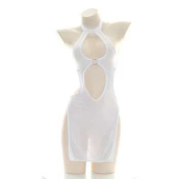 Rol Oynamak Beyaz Halter Sıkı Elbise Üniforma Kostüm Kadınlar Seksi Saydam Kalp Hollow Cheongsam Pijama Lingerie Cosplay Görüntü 2