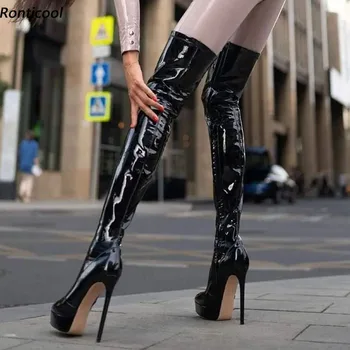 Ronticool Yeni Varış Kadın Platformu Uyluk Bot Bahar Tam Fermuar Stiletto Topuklu Yuvarlak Ayak Siyah Cosplay Ayakkabı Bize Boyutu 5-20