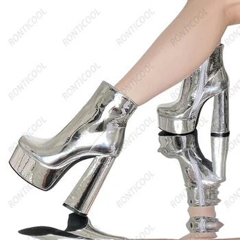 Rontıcool 2022 Yeni Kadın Kış Platformu yarım çizmeler Yan Fermuar Tıknaz Topuklu Yuvarlak Ayak Butik Gümüş Kulübü Ayakkabı ABD Boyutu 5-15 Görüntü 2