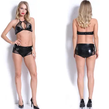 Seksi Kadın Deri Örgü Bikini Kostüm Halter Sutyen Üst Knickers Kısa Gece Kulübü Kutup Dans Giyim