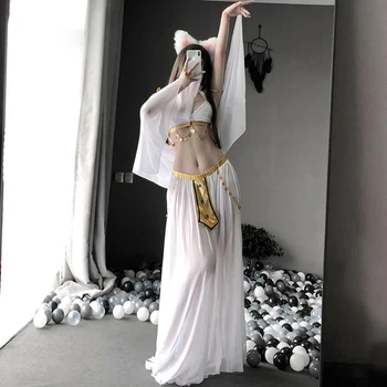 Seksi Sahne Kostümleri Şifon See Through Kadın İç Çamaşırı Beyaz Uzun Elbiseler Tarihi Cosplay Kostümleri Erotik İç Çamaşırı Seti 2021 Görüntü 2