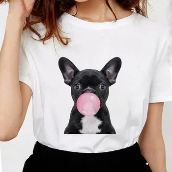 Sevimli Yaz Kız Tshirt Kadın T-shirt Kabarcık Sakız Fransız Bulldog Baskı Streetwear Giyim Grafik Retro Kadın T-Shirt