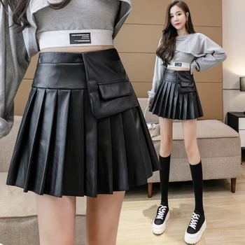 Siyah Deri Etek Kadın 2021 Sonbahar Yeni Varış Kore Moda Stil Yüksek Bel Bir Çizgi Pilili Mini Etek Astar İle PU Saias Görüntü 2