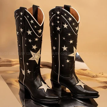 Siyah kare kök yıldız nakış kadın düz çizmeler sivri burun artı boyutu batı kovboy çizmeleri Görüntü 2