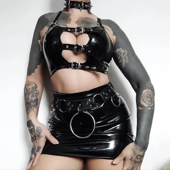Siyah PU Deri Spagetti Kayışı Ön Kemer Tokaları Oymak Y2K Gotik Kırpma Üst Seksi Kaşkorse Kadın Kaya Punk Sokak Clubwear Görüntü 2