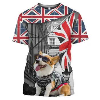 SONSPEE Corgi 3D Baskı Pet Köpek Hayvanlar T-Shirt erkek Kadın Rahat Kısa Kollu Moda İngiliz Bayrağı İngiltere Renk engelleme Tees Görüntü 2