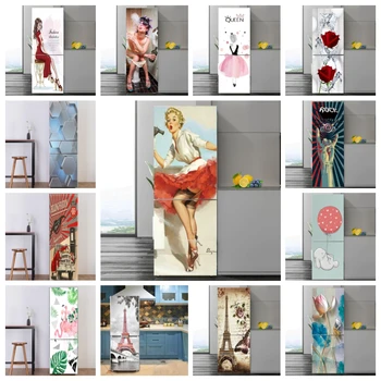 Suluboya Kadın Buzdolabı Çıkartmalar Gül Çiçek Kaplan Buzdolabı Sticker Kendinden yapışkanlı Duvar Kağıdı Tavşan Kapı Kapak Filmi Dekorasyon
